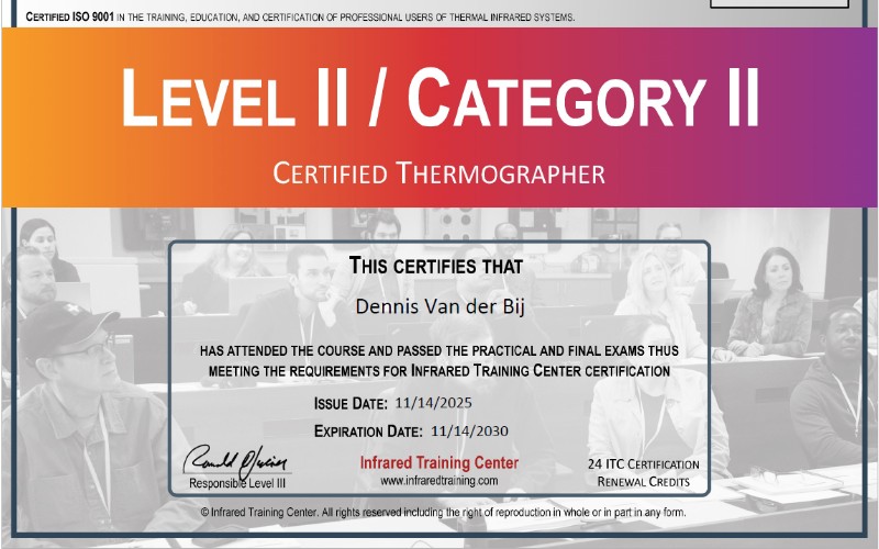 Inspecteur Dennis van der Bij behaalt ITC LVL 2 Thermografiecertificering